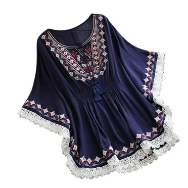 QYZEU Shirts Women 3/4 Sleeve Cotton Shirts Top Boho Vintage Embroidered Top Thin Mid Length Loose Fit Chic Top Breathable Lightweight Tops Blue 3XL