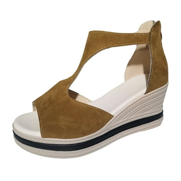 QYZEU Shoes for Women Sandals Retro Pure Colour Thick Bottom Sandals High Heel Back Zipper Large Slope Heel Flat Sandals Lightweight Breathable Sandals Brown 37