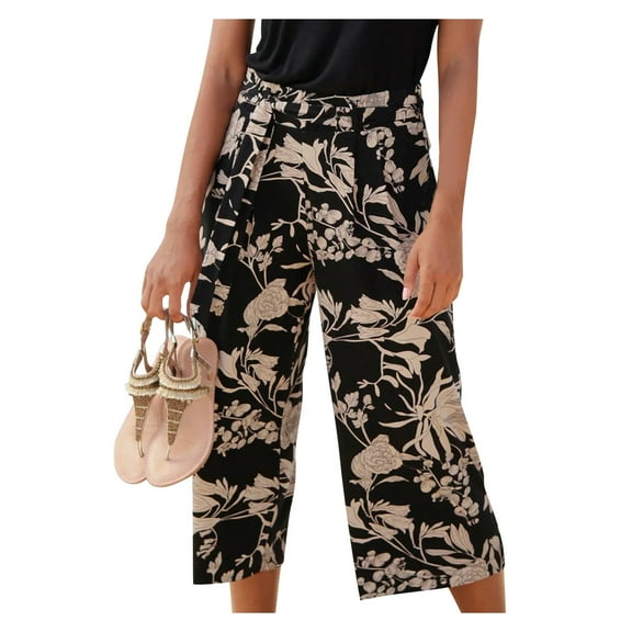 QYZEU Slacks for Women Casual Baggy Pants Petite Length High Waist Floral Printing Trousers Wide Leg Thin Trendy Boho Beach Pockets Pants with Belt Black L