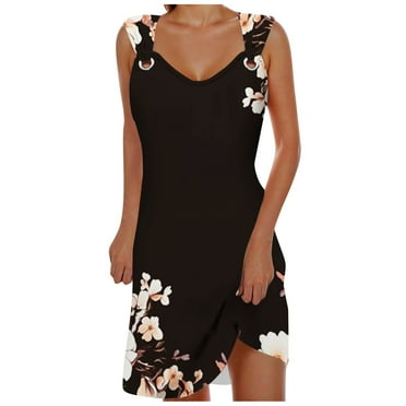 QYZEU Spring Summer Dresses for Women 2024 V Neck Mid Length Dresses for Women Women's Suspender Metal Ring Loose Middle Skirt Women's Printed Dress Midi Top Dress Black L
