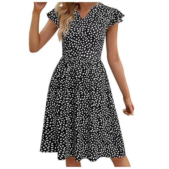 QYZEU Spring Work Dresses for Women 2024 Formal V Neck Dresses for Women Cute Floral Print Flare Fit Cap Sleeve A Line Knee Length Dress Waist Dresses for Women Black S