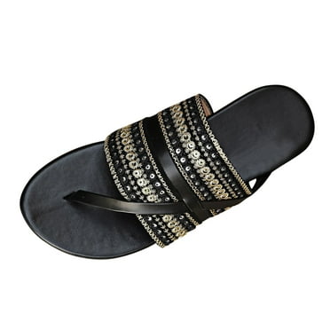 QYZEU Summer Dress Shoes for Women Flat Cool Ethnic Style Simple Beach Braided Clip Toe Large Size Flip Flops Sandals Slippers Lightweight Breathable Sandals Black 41