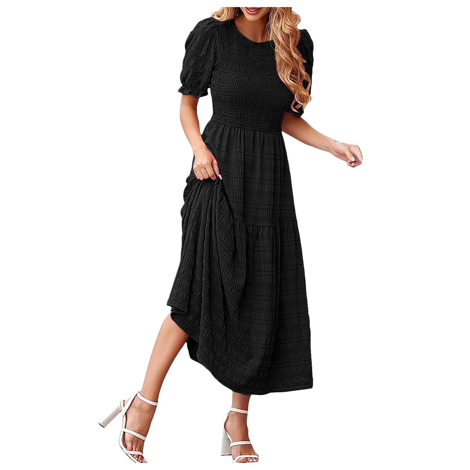 Women's Fall Long Sleeve A-Line Dress | Smocked Square Neck With Pockets | Floral Boho Casual Dress