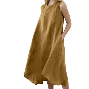 QYZEU Summer Dresses for Women 2024 Maxi Women's Crewneck Long Skirt Sleeveless Large Size Loose Solid Color Long Swing Vest Dress Petite Maxi Dresses for Women Gold M