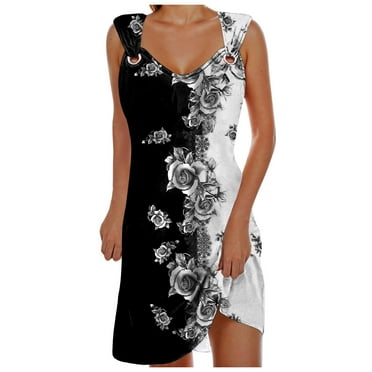 QYZEU Summer Dresses for Women 2024 Petite Bohemian Daily Casual Sleeveless Tank Dress Vintage Print Hollow Out V Neck Beach Mini Dress Breathable Lightweight Dresses Grey M