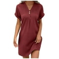 thumbnail image 1 of QYZEU Summer Dresses for Women 2024 Petite Casual Short Sleeve Dress V Neck Solid Colour Pullover Comfortable Button Down Dress Flowy Lightweight Breathable Dresses Red 2XL, 1 of 5