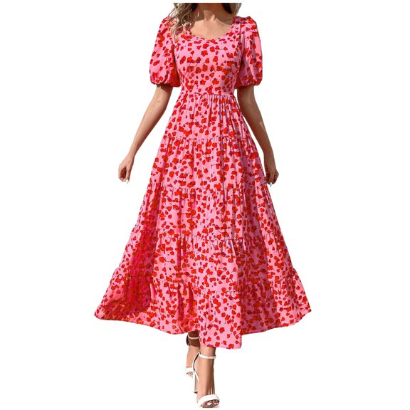 QYZEU Summer Dresses for Women 2024 Petite Short Sleeve Round Neck Maxi Dresses Smocked Backless Flowy Tiered Beach Long Dress Loose Lightweight Breathable Dresses Pink M