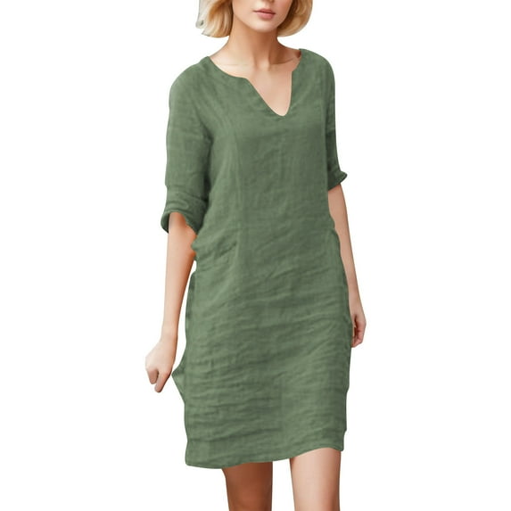 QYZEU Summer Dresses for Women 2024 Petite V Neck Retro Solid Color 3/4 Sleeve Midi Dress A Line Tee Shirt Dress Flowy Lightweight Breathable Comfortable Dresses Green S