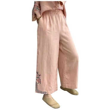 QYZEU Summer Pants for Women 2024 Casual Trouser New Ethnic Style Embroidered Cotton Linen Pants Retro Trousers Wide Leg Pants Lightweight Breathable Pants Pink 3XL