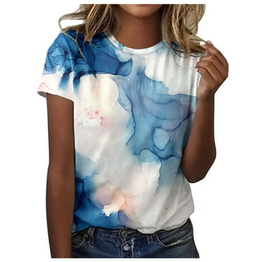 QYZEU Summer Tops for Women Casual Loose Fit Lightweight Blouse Shirt Colorful Printed Short Sleeve Round Neck T Shirt Top Breathable Comfortable Tops Sky Blue L