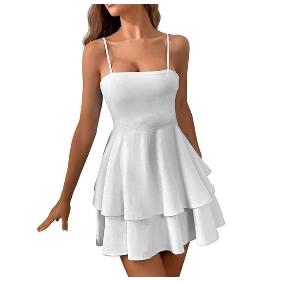 QYZEU Summer Vacation Dresses for Women 2024 Thin Strap Sleeveless Square Neck Swing Dress Solid Color Casual Backless Midi Dresses Flowy Lightweight Breathable Dresses White M
