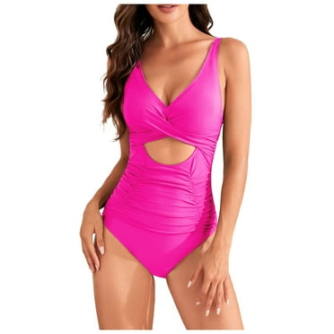 QYZEU Swimsuit for Women 2024 Tankini Hollow Bikini Swimsuit Solid Color Swimsuit Pleated High Waist Swimsuit Bikini Breathable Comfortable Lightweight Swimwear Hot Pink L