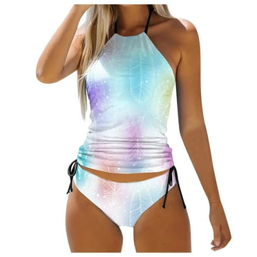 QYZEU Swimsuits for Women Two Piece Bathing Suit with Shorts Women's Bikini Sets 2 Piece Swimsuit High Waisted Hanging Neck Straps Bathing Suit for Teen Girls Light Blue S