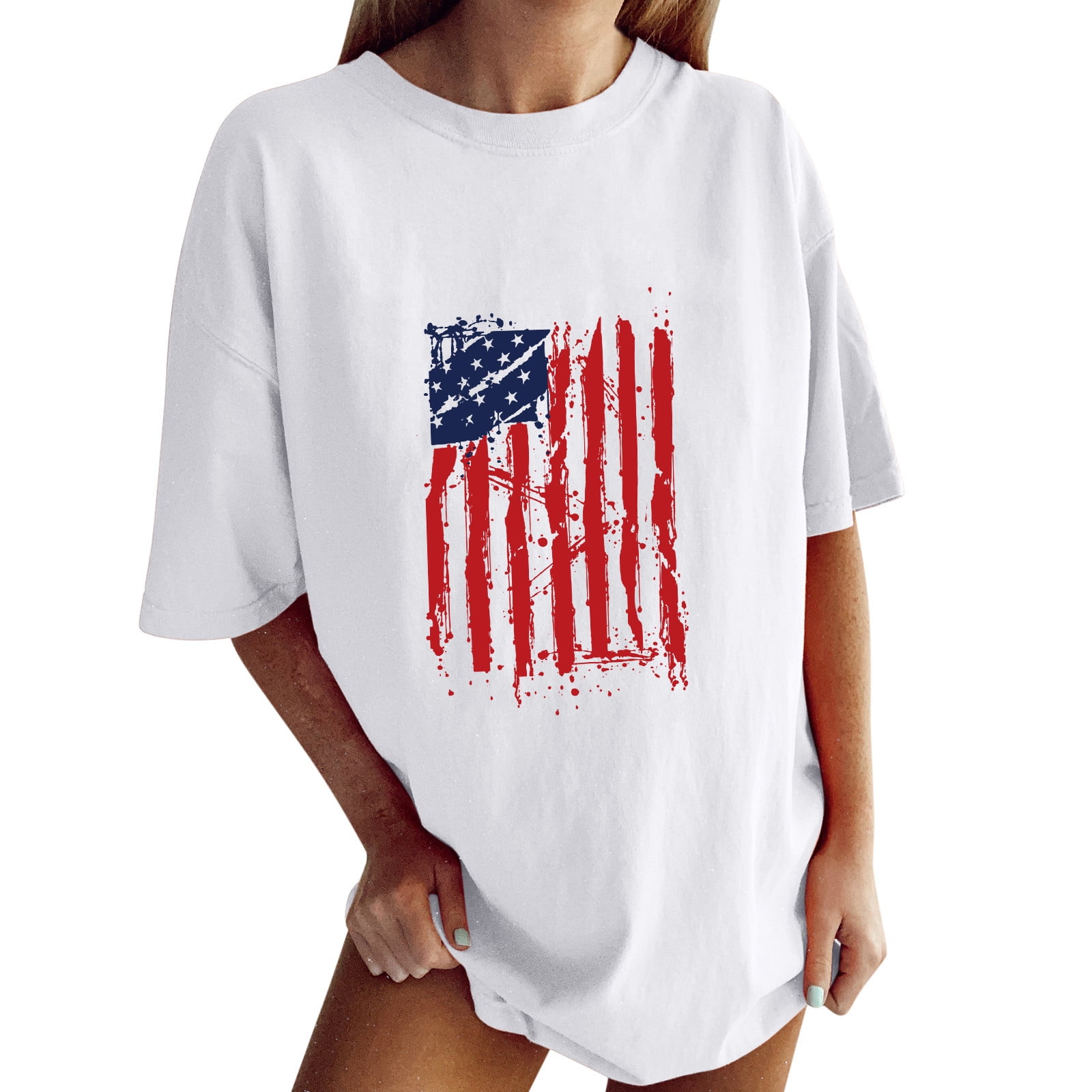 QYZEU Tb12 Long Sleeve Shirts Long Sleeve Layering Shirts for Women Women  Short Sleeve Flag Printed Top Shirts Plus Size Independent Day Blouse Top