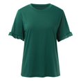thumbnail image 1 of QYZEU Tee Shirts Womens Ruffle Short Sleeve Casual T Shirts Plain Round Neck Loose Fit Tee Blouse Soft Breathable Comfortable Lightweight Tops Green S, 1 of 5