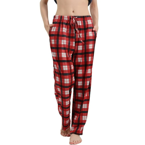 QYZEU Trendy Clothes for Women Elastic Waist Drawstring Casual Pants with Pockets Soft Retro Plaid Printed Pajama Pants Loose Fit Breathable Trousers Red M