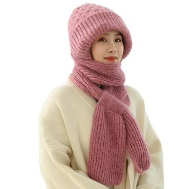 QYZEU Winter Beanie Hat Scarf Set for Women Pure Color Thick Soft Knit Beanie Hats Long Scarf Neck Warmer Windproof 2 in 1 Set for Cold Weather Pink One Size