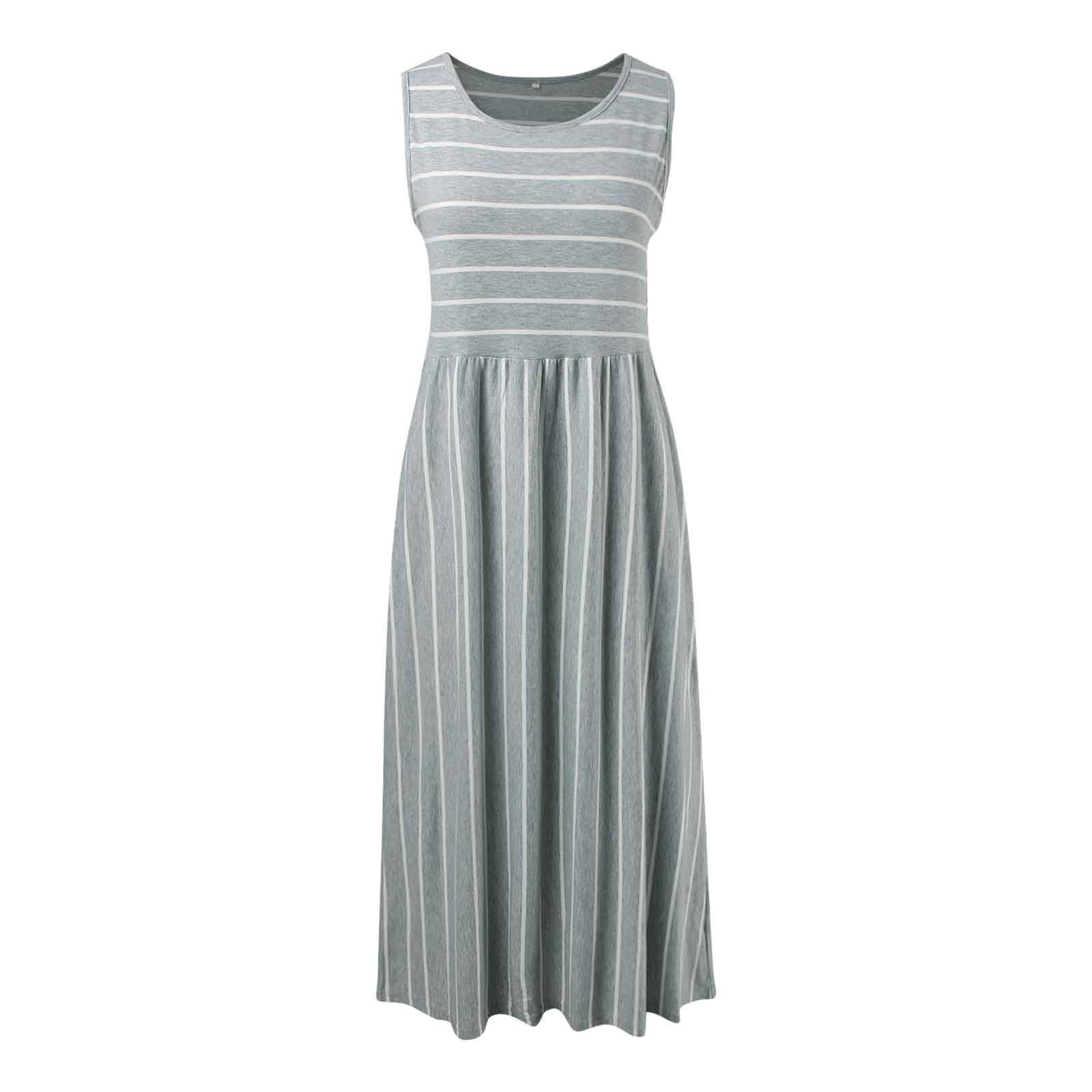 QYZEU Woman Dress Long Maxi Fashion Sleeveless Striped Flowing Casual ...