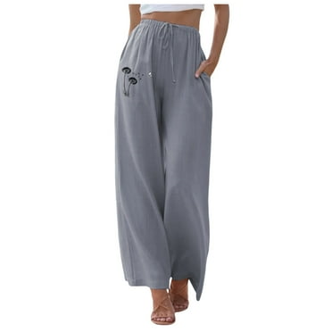 QYZEU Woman Pants Pattern High Waisted Wide Leg Pants Lightweight Drawstring Elastic Waist Trousers Comfy Straight Leg Long Pants with Pockets Dark Gray XL
