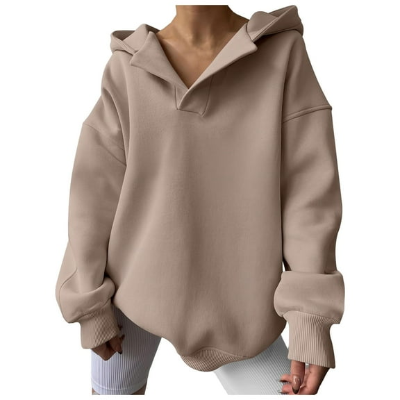 QYZEU Women Hoodies Casual V Neck Oversized Hoodie Solid Color Long Sleeve Classic Sweatshirt Fall Fashion Lightweight Loose Fit Pullover Tops Khaki M