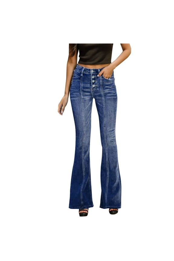Women Jeans Plus Size Bootcut Flare Front Seam Pants with Pockets Straight Leg Jeans Buttoned Loose Denim Pants Causal Lightweight Trousers Blue S