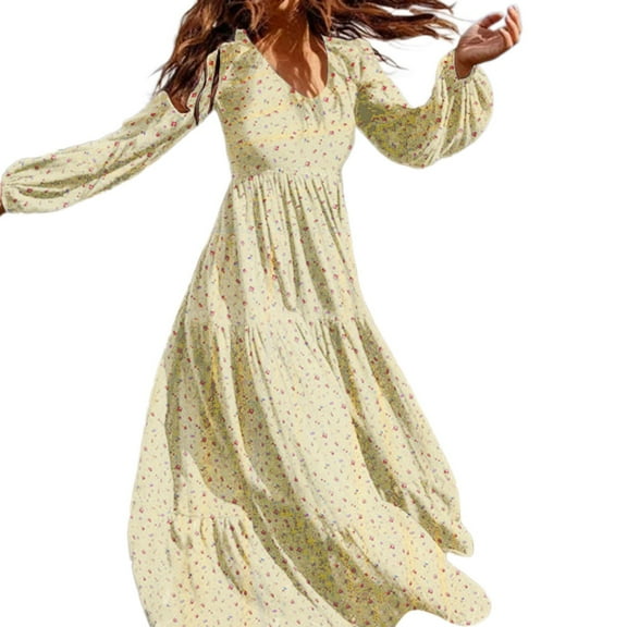 QYZEU Women Summer Clothes Lightweight Swing Dress for Women Women's Floral Printed Dress V Neck Long Sleeve A-Line Long Dress Casual Women Dresses Beige 3XL
