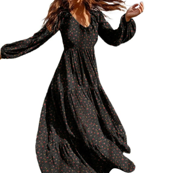 QYZEU Women Summer Clothes Lightweight Swing Dress for Women Women's Floral Printed Dress V Neck Long Sleeve A-Line Long Dress Casual Women Dresses Black XL