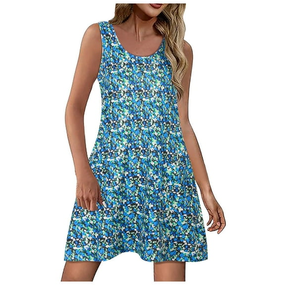 QYZEU Women Summer Dresses Loose U Neck Sleeveless Swing Dress Floral Printed Causal Beach Loose Fit Midi Dresses Flowy Lightweight Breathable Dresses Blue S
