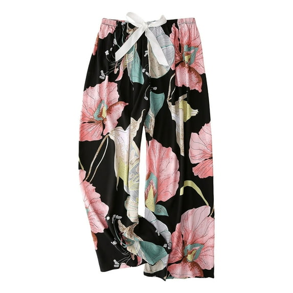 QYZEU Women's Clothes Casual Elastic Waist Cotton Silk Pajama Pants Thin Large Size Loose Fitting Floral Pattern Trousers Wide Leg Comfy Pants Watermelon Red One Size