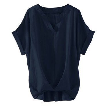 QYZEU Women's Clothes Office Short Sleeve Solid Color Fashion Shirt V Neck Loose Fit Blouse Shirts Soft Breathable Comfortable Lightweight Tops Navy XL