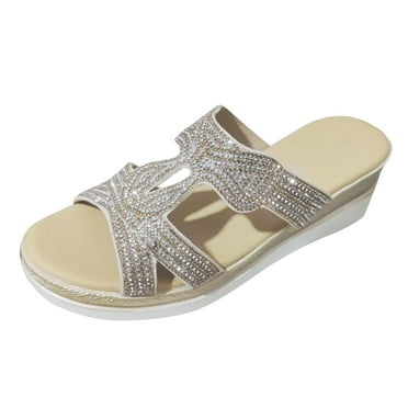 QYZEU Women's Sandals Clearance Fashion Open Toe Irregular Upper Sticky Diamond Cool Slippers Leisure Lightweight Comfy Outdoor Slippers Breathable Sandals Beige 41