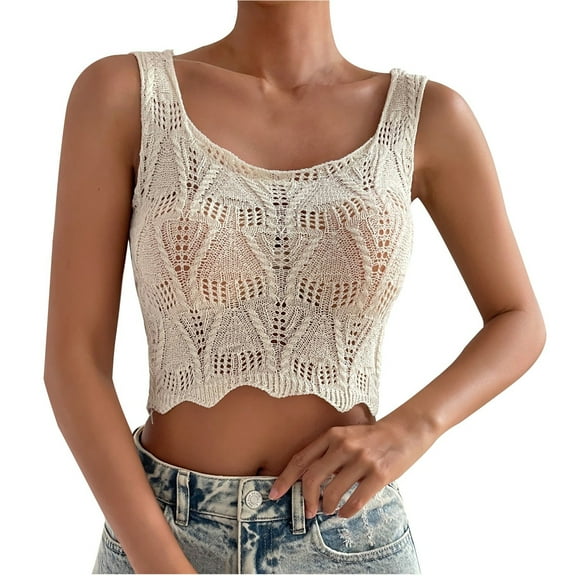 QYZEU Women's Tops Solid Color U Neck Hollow Tanks Loose Sleeveless Wavy Hem Camisole Soft Comfy Breathable Lightweight Vest Tops Beige S