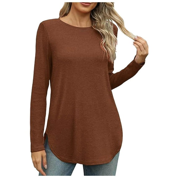 QYZEU Womens Clothes Solid Color Long Sleeve Shirts Fashion Fall Tops Dressy Casual Blouses Scoop Neck Side Slit Loose Tunic Tops for Leggings Brick Red XL