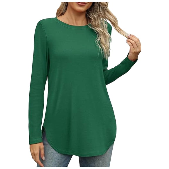 QYZEU Womens Clothes Solid Color Long Sleeve Shirts Fashion Fall Tops Dressy Casual Blouses Scoop Neck Side Slit Loose Tunic Tops for Leggings Green M