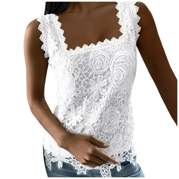 QYZEU Womens Top Solid Color Loose Fit Work Blouses Square Neck Lace Jacquard Sleeveless Tank Top Breathable Comfortable Lightweight Tops White L