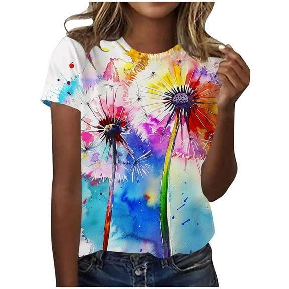 QYZEU Womens Tops Dressy Casual Loose Fit Tees Printed Round Neck Short Sleeve Top T Shirt Basic Tee Shirt Lightweight Breathable Comfortable Tops Navy M