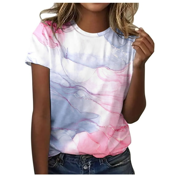 QYZEU Womens Tops Summer Trendy Casual Loose Active Shirts Colorful Printed Short Sleeve Round Neck T Shirt Top Lightweight Breathable Comfortable Tops Pink 2XL