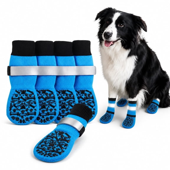 QZGZDS Dog Socks 4 Pack for Dogs, Anti-Slip Dog Shoes with Grippers, Adjustable Reflective Dog Booties Blue