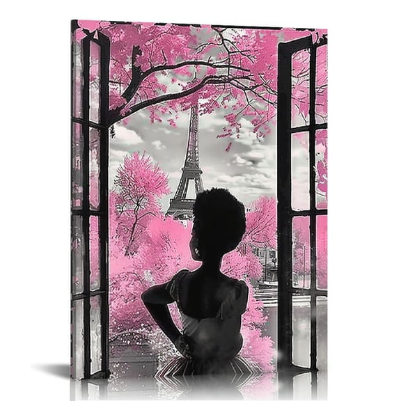 QZHH African American Wall Art Black Girl Pink Flowers Canvas Prints Modern Black and White Wall Art Fashion Paris Decoration Pictures Painting Framed Artwork Home Decor for Bedroom Bathroom