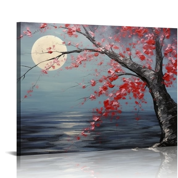 QZHH Art, -Painted Floral Artwork - Plum blossoms blooming under the moon - Chinese Paintings Canvas Wall art for Living room On Bedroom Ready to Hang