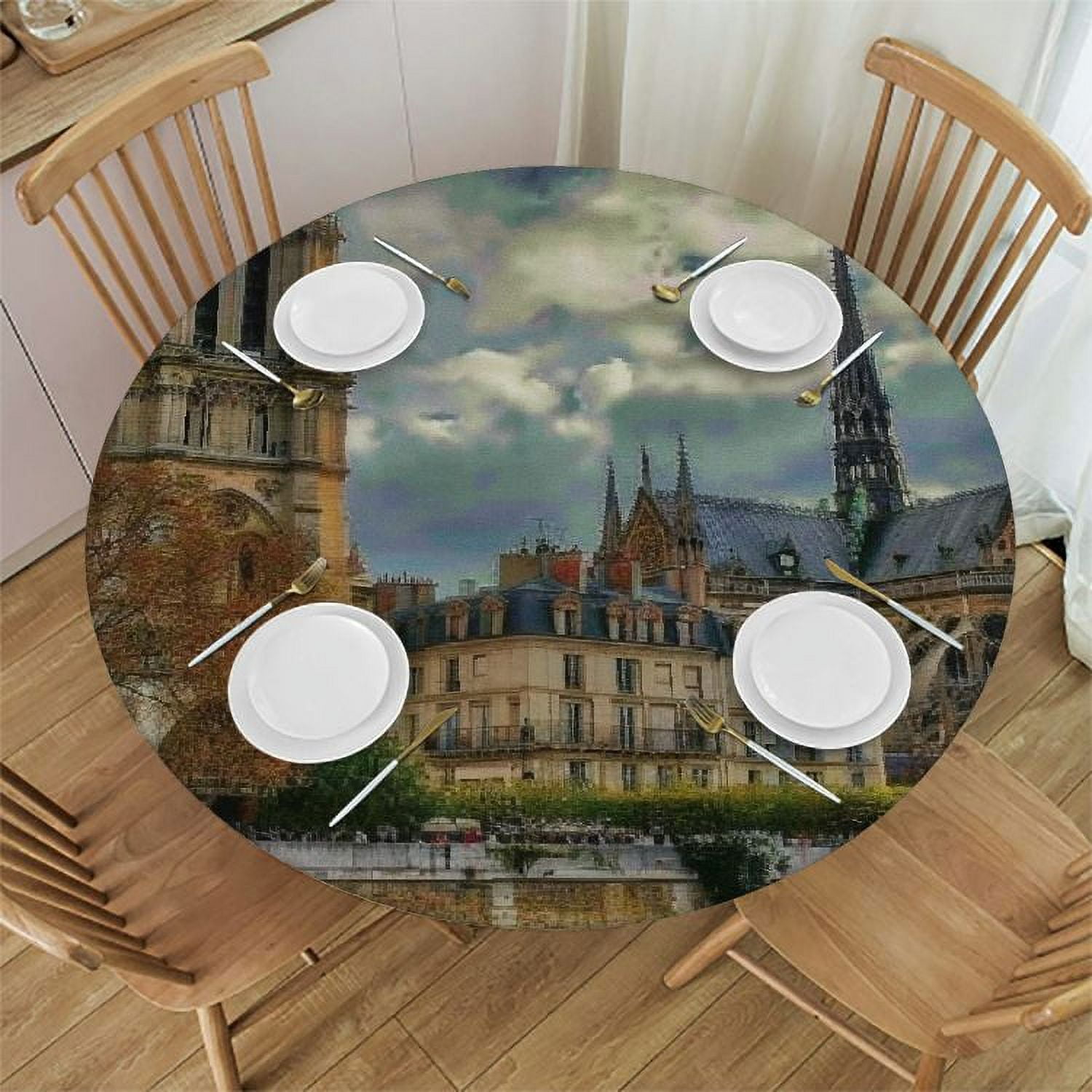 QZHH Cathedral Clock Tower River Round Tablecloth 100 Polyester Fiber