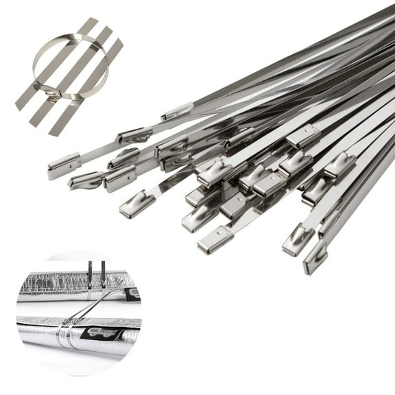 QZS 100Pcs Multi-purpose Self-locking Cable Ties,11.8x0.2In Durable Metal Zip Ties for Cables,Stainless Steel Exhaust Wrap Tool for Indoor and Outdoor