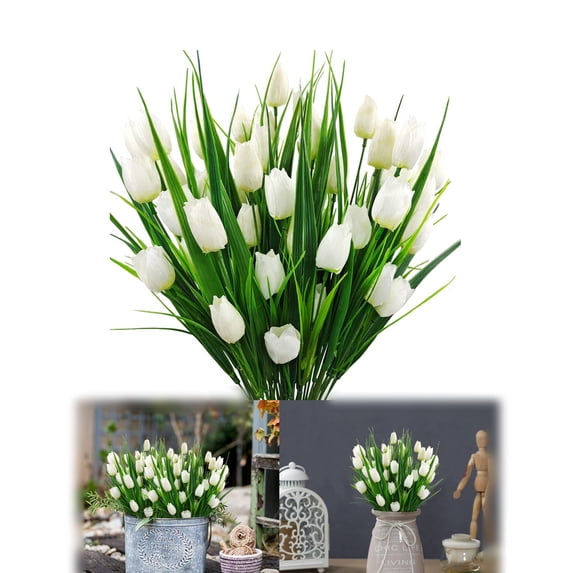 QZS 15.8In Faux Plastic Flowers Arrangements,White Faux Silk Tulips for Spring Decoration,6Pack,Artificial Tulips Flowers for Home,Party,Office