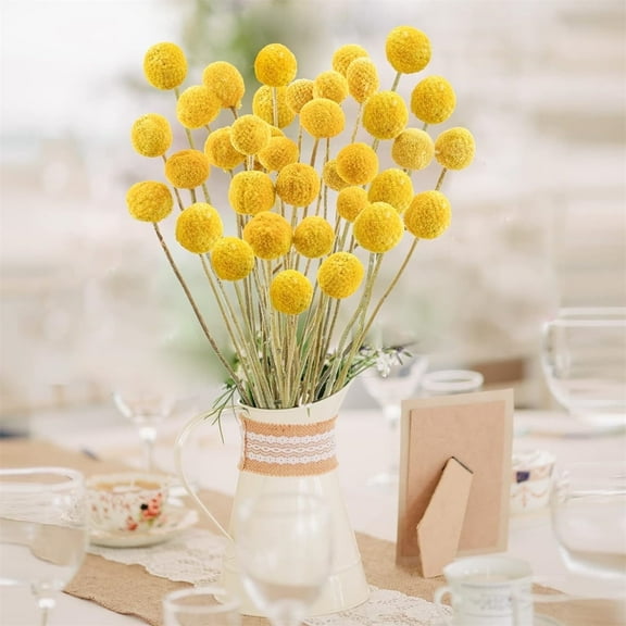 QZS 30Pcs Natural Dried Flowers, 16"-24" Long Yellow Billy Balls Flowers Bundles, Billy Buttons Dry Plant Bouquet for DIY Crafts Floral Arrangements Home Tall Vase Decor (0.4"-1.6"Wide)