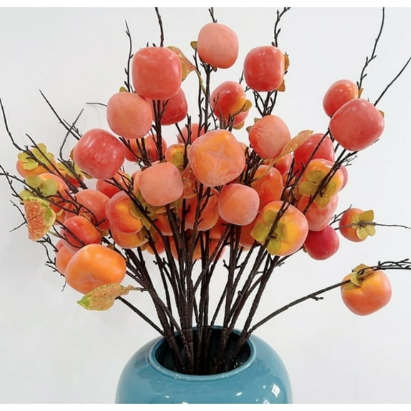 QZS 5Pack Artificial Fruit Branches,Orange Persimmon Branch with Leaf for Table Decor,Durable Artificial Plant for Vase,Table Ornament