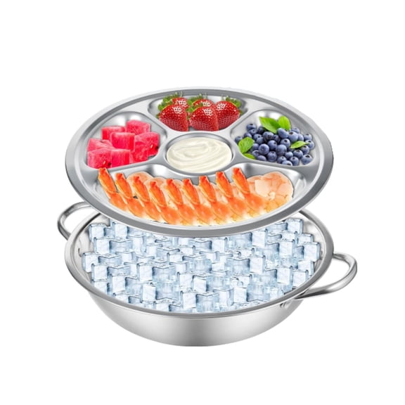 QZS Chilled Serving Platter 1pack Round Divided Plate Stainless Steel Divided Plates Chilled Serving Tray for Parties with Compartments