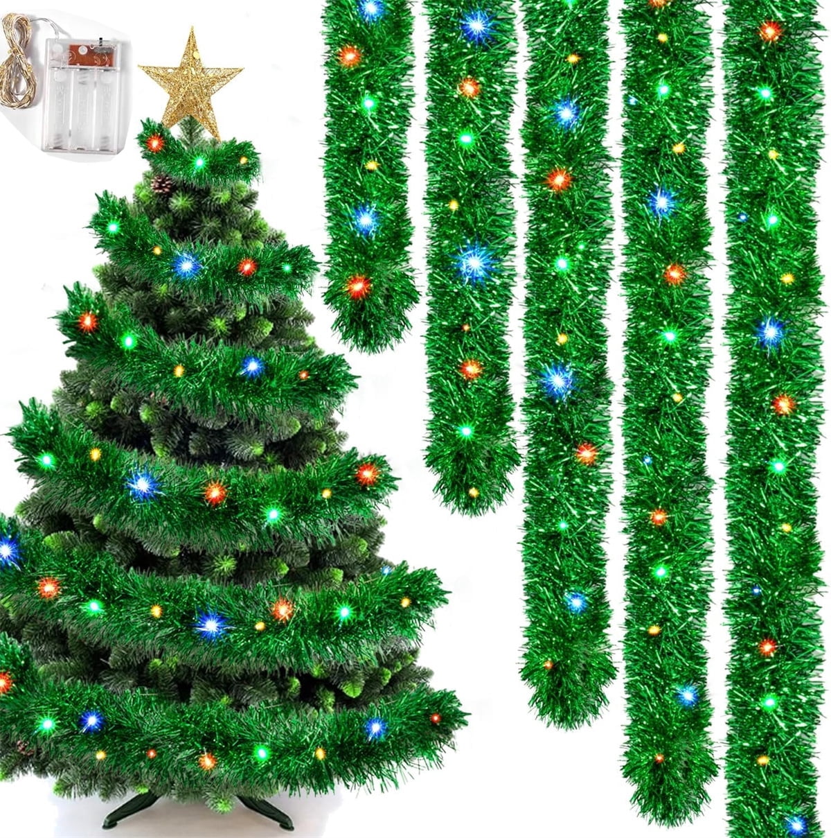 QZS Christmas Garland Pre-lit Tinsel 16 Ft, Green Metallic Garlands ...