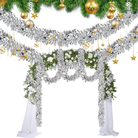 QZS Christmas Tinsel Garland, Glitter Metallic Twist Xmas Tree Wreath for Wedding, Birthday, Party, Home Mantle Supplies, Hanging Decorations (Silver, 6 Rolls, 35 Feet x 3.7")