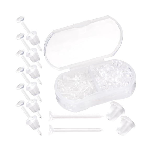 QZS Clear Earrings,Clear Plastic Post Earring Studs for Sports,100Pcs Portable Tiny Head Earrings DIY Supplies with Clear Box for Outdoor,Party,Weeding