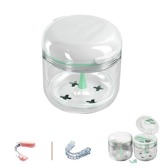 QZS Denture Soak Container,3.15x3.15in Reusable Denture Case with Mirror,Green,1Pack Durable Braces Cleaner Kit for Indoor and Outdoor Use